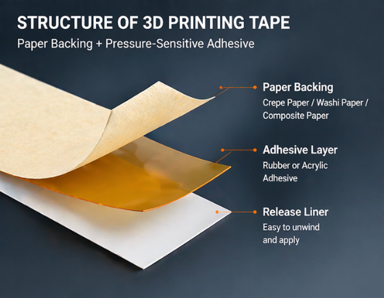 Layer structure of 3D printing paper tape with paper backing and pressure sensitive adhesive